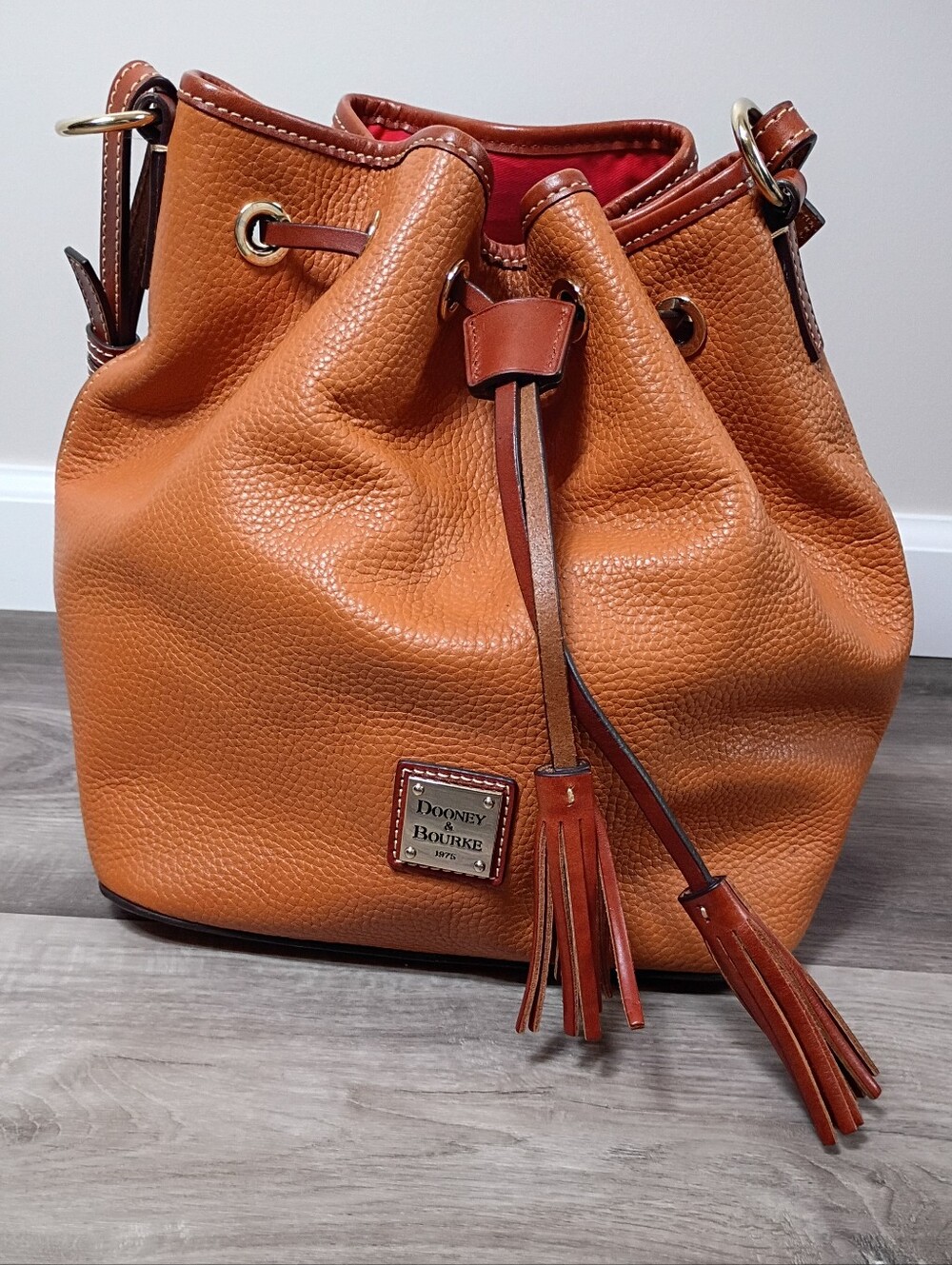 Dooney & Bourke Camel Tan Brown Pebbled Leather Drawstring Bucket‎ Shoulder Bag